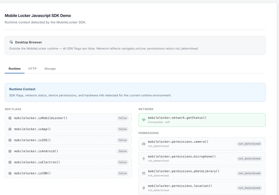 SDK Demo IVA runtime panel showing environment flags, network status, and permissions