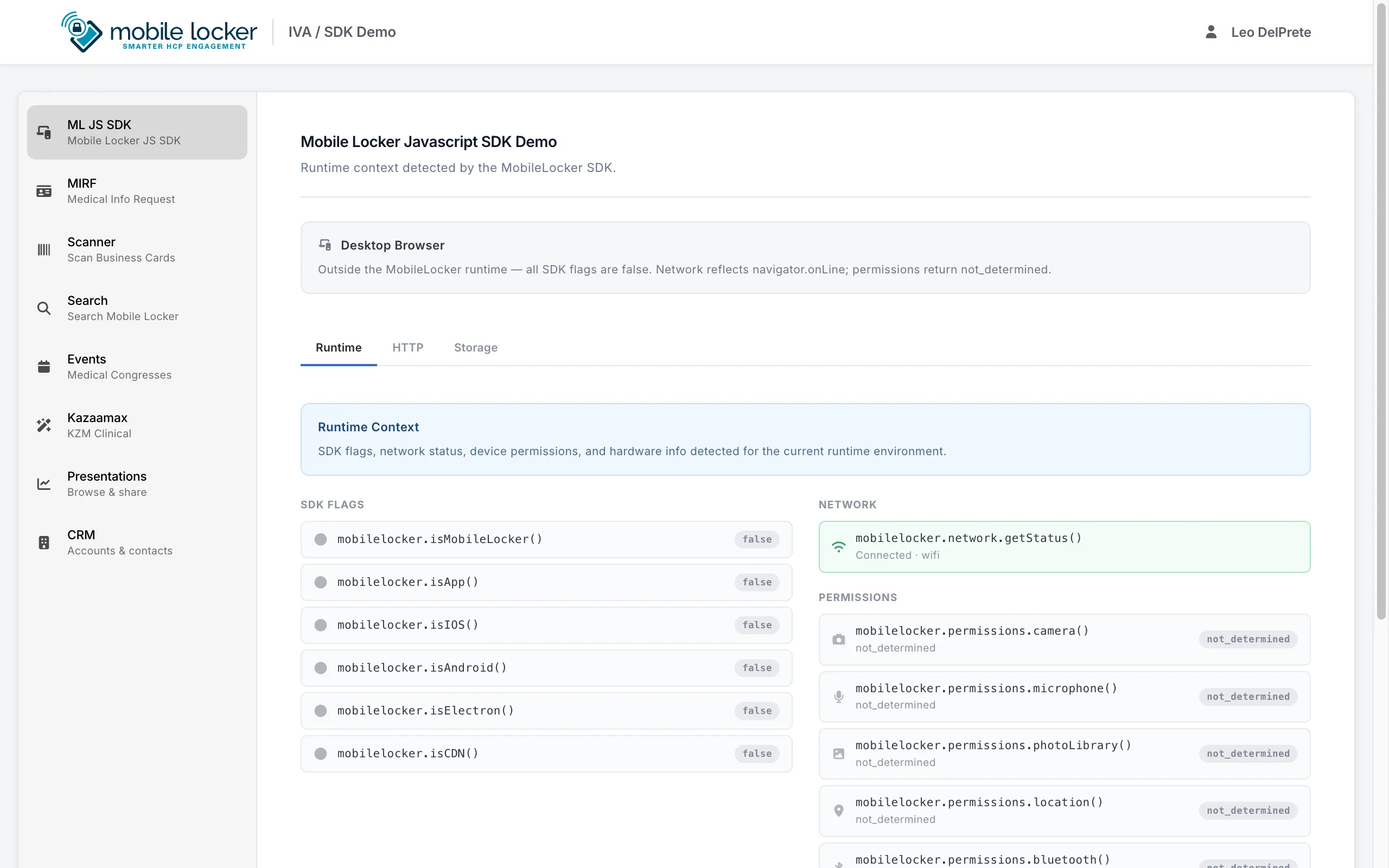 SDK Demo — Environments / ML JS SDK screen with runtime flags and side navigation