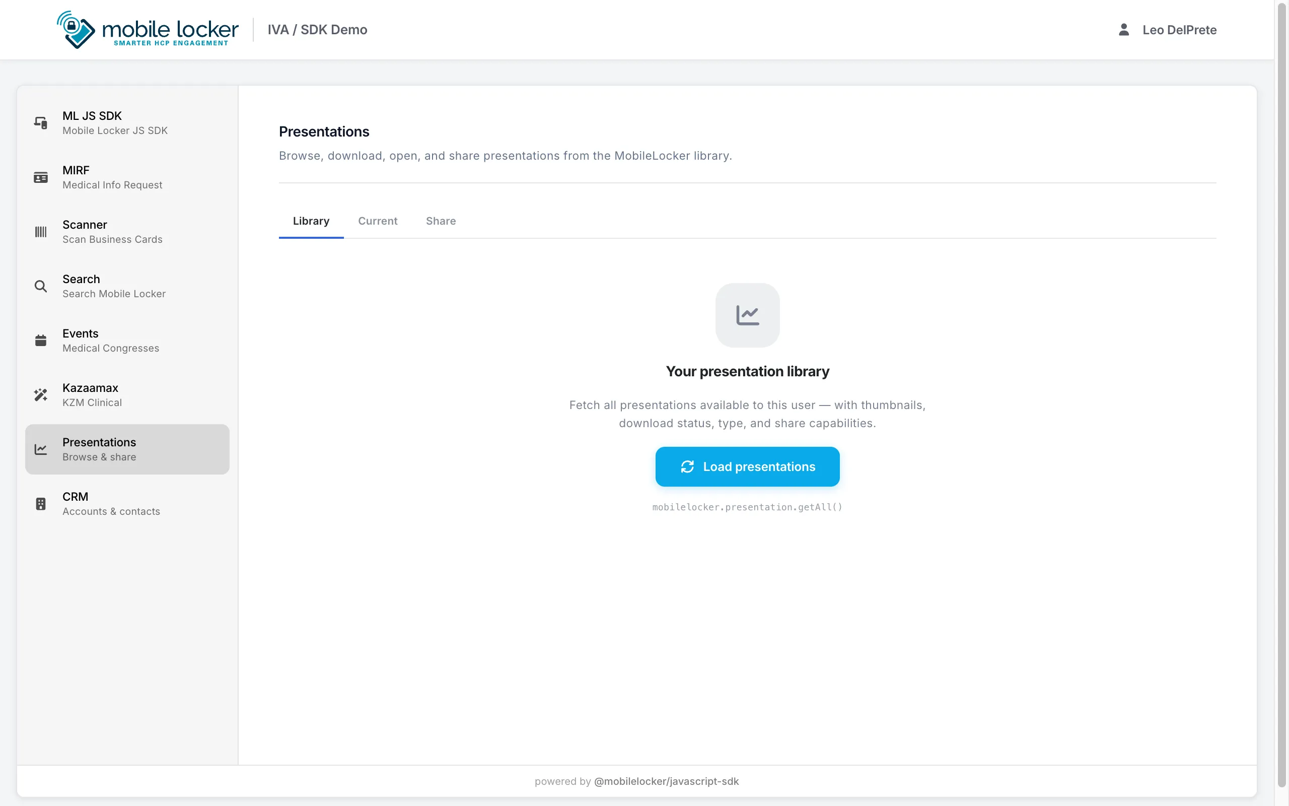SDK Demo — Presentations library tab