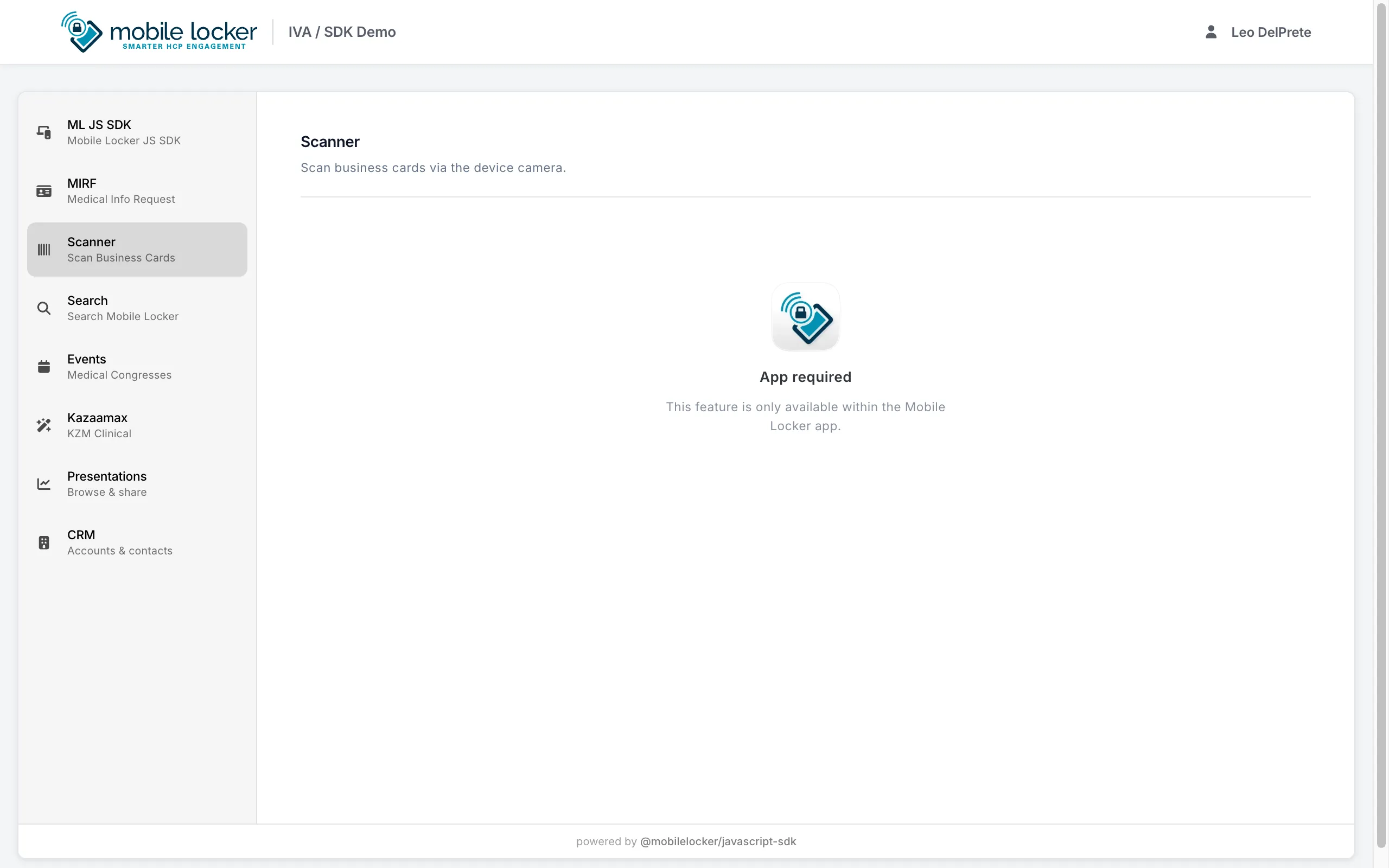 SDK Demo — Scanner screen showing App required outside Mobile Locker